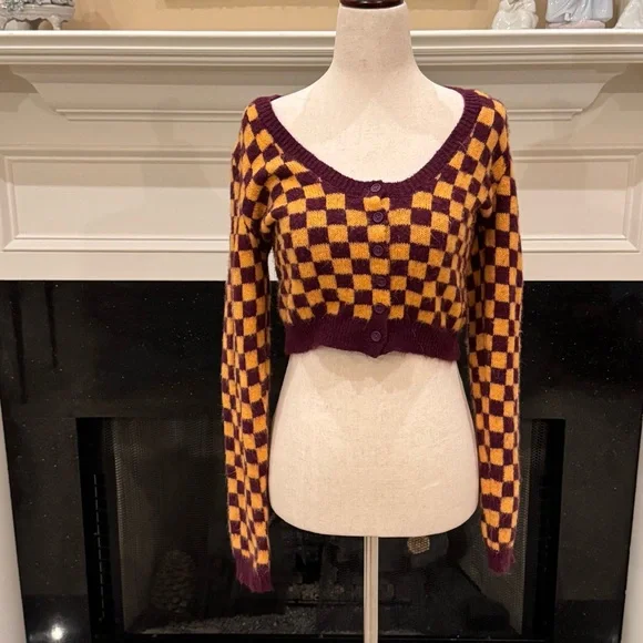 Zara Checkerboard Cropped Cardigan | Size Small | Maroon & Mustard - Picture 3 of 13